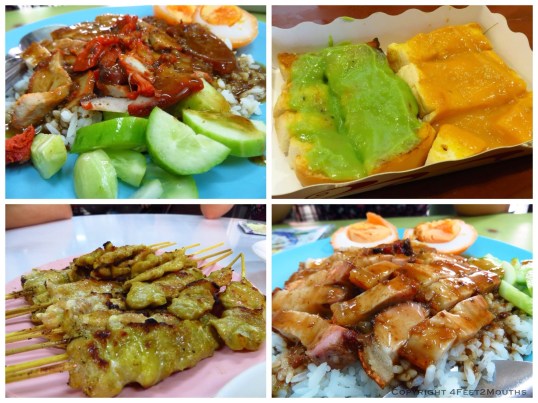 Scrumptious snacks - pork over rice, coconut toast, chicken satay