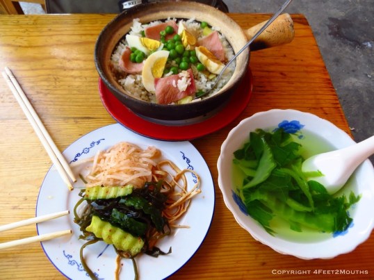 Clay pot rice with fermented veggies and celery soup