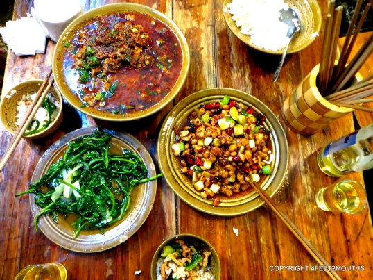 Stewed pork belly, gong bao ji and seasonal greens
