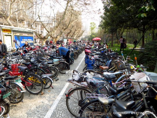 Crazy bike and scooter parking outside the park