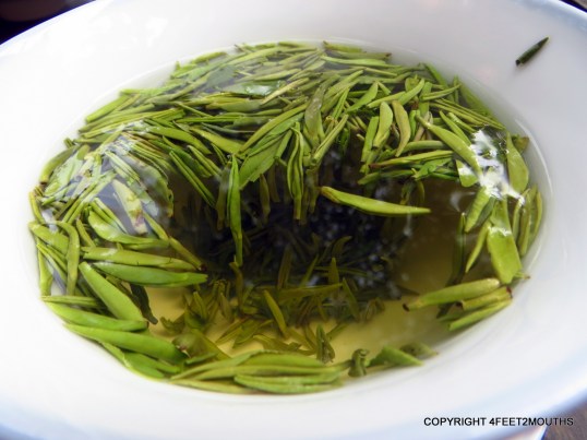 Floating green tea leaves