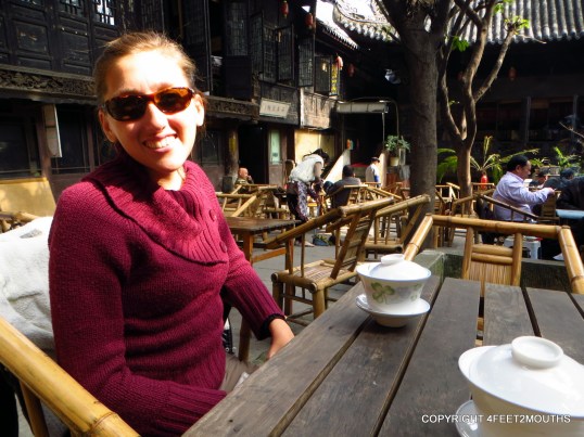 Carmen enjoying tea at the Huánhóu Palace Tea House
