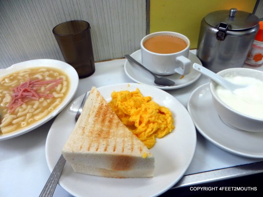 Macaroni soup, scrambled eggs and steamed egg custard at Australia Dairy Company