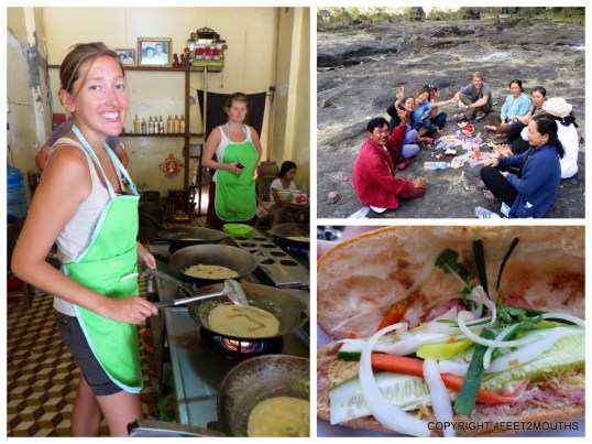 Clockwise from left: cooking amok, hanging out with Dalat locals, banh mi