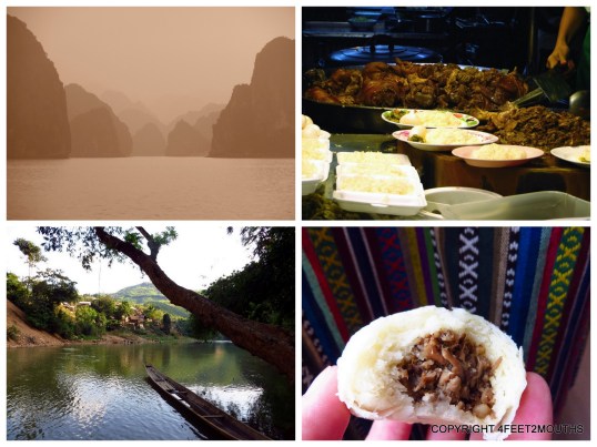 Clockwise from left: Halong Bay, Thai stewed pork, mushroom bun, Laotian jungle