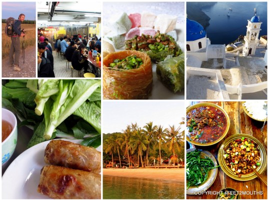 Clockwise from left: the Camino, Hong Kong clay pot restaurant, baklava in Turkey, Santorini, Chengdu delicacies, sunset on the beach in Koh Tao, spring rolls in Saigon
