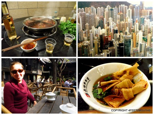 Clockwise from left: hot pot, hong kong high rises, tied tofu skins in Chengdu, tea house in Zigong in Sichuan province