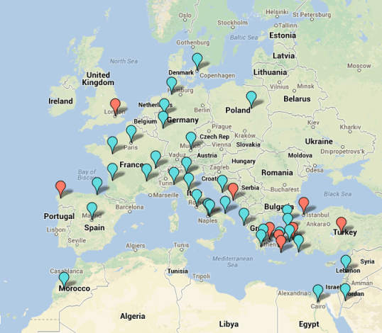 Our trip planning map with red "must sees" and blue "like to sees"