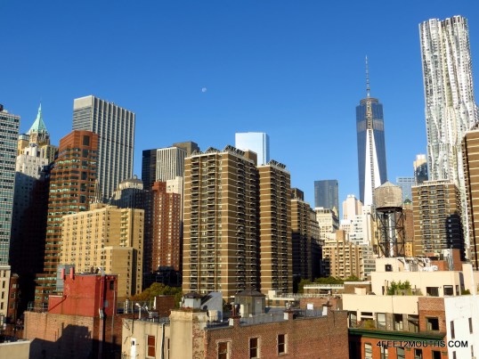 Looking out to the Financial District from South Street Seaport with views of the World Trade Center and 8 Spruce Street Tower